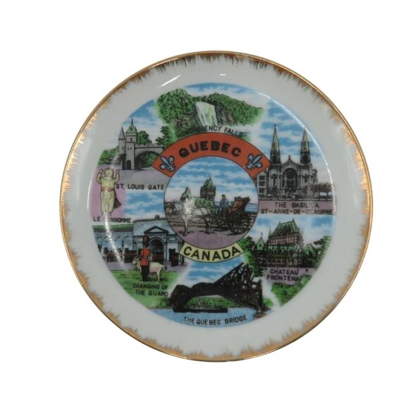 QUEBEC Canada Souvenir Plate Gold Rim and Scenic Landmarks Design Vintage - Picture 1 of 10